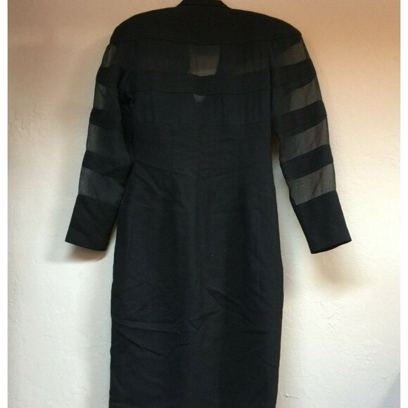 Jackie K Womens Sheath Dress Sheer Striped Sleeves Button Front Pure Wool Black - Picture 2 of 11